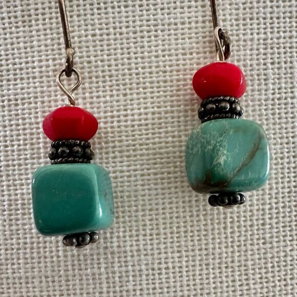 Sterling Silver Turquoise & Coral Dangle Earrings - Picture 4 of 8